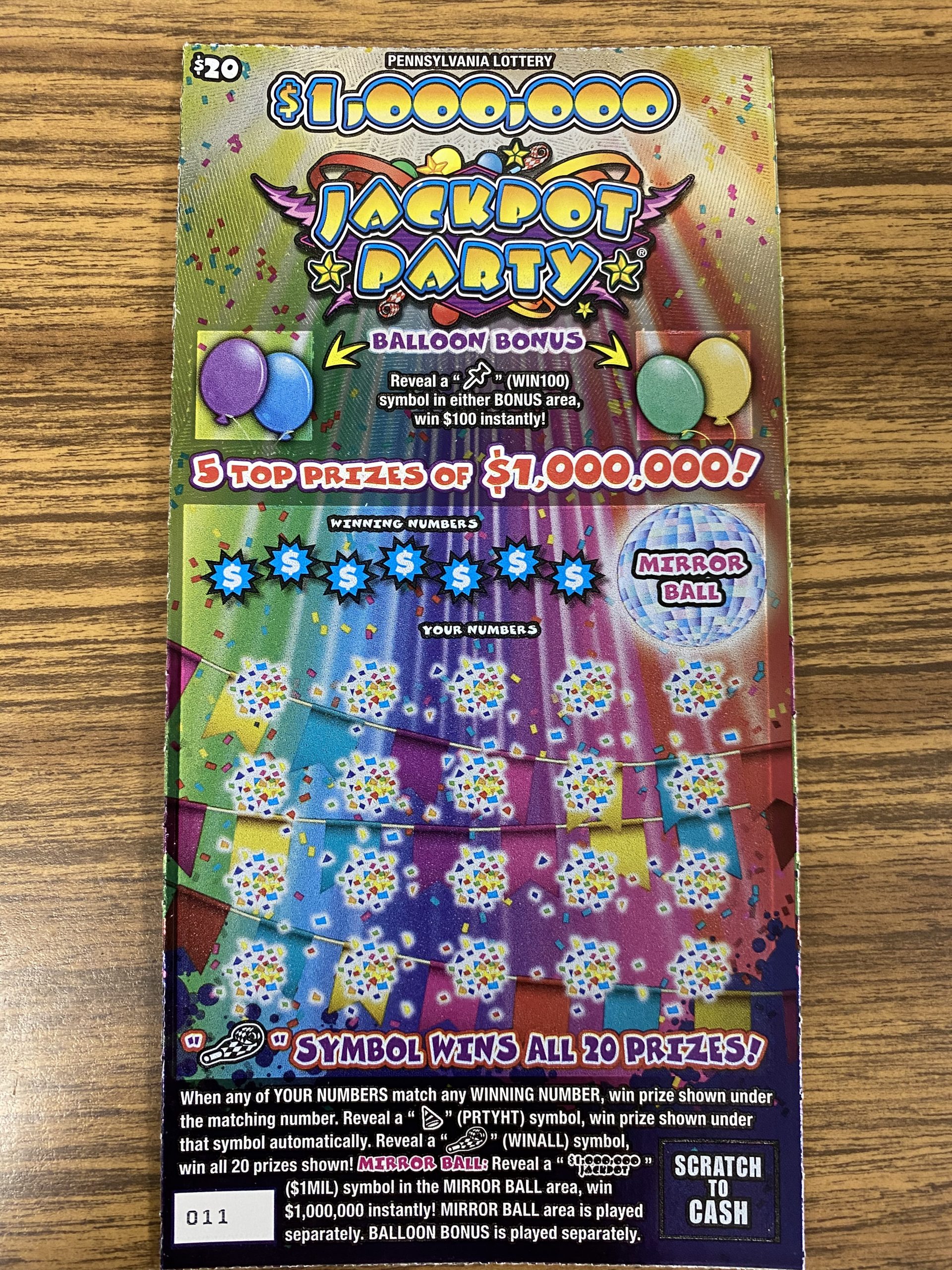 RAFFLE #020-60267 1 PACK OF (30) JACKPOT PARTY $20.00 SCRATCH OFFS (100 chances @ $10.00 ea.)