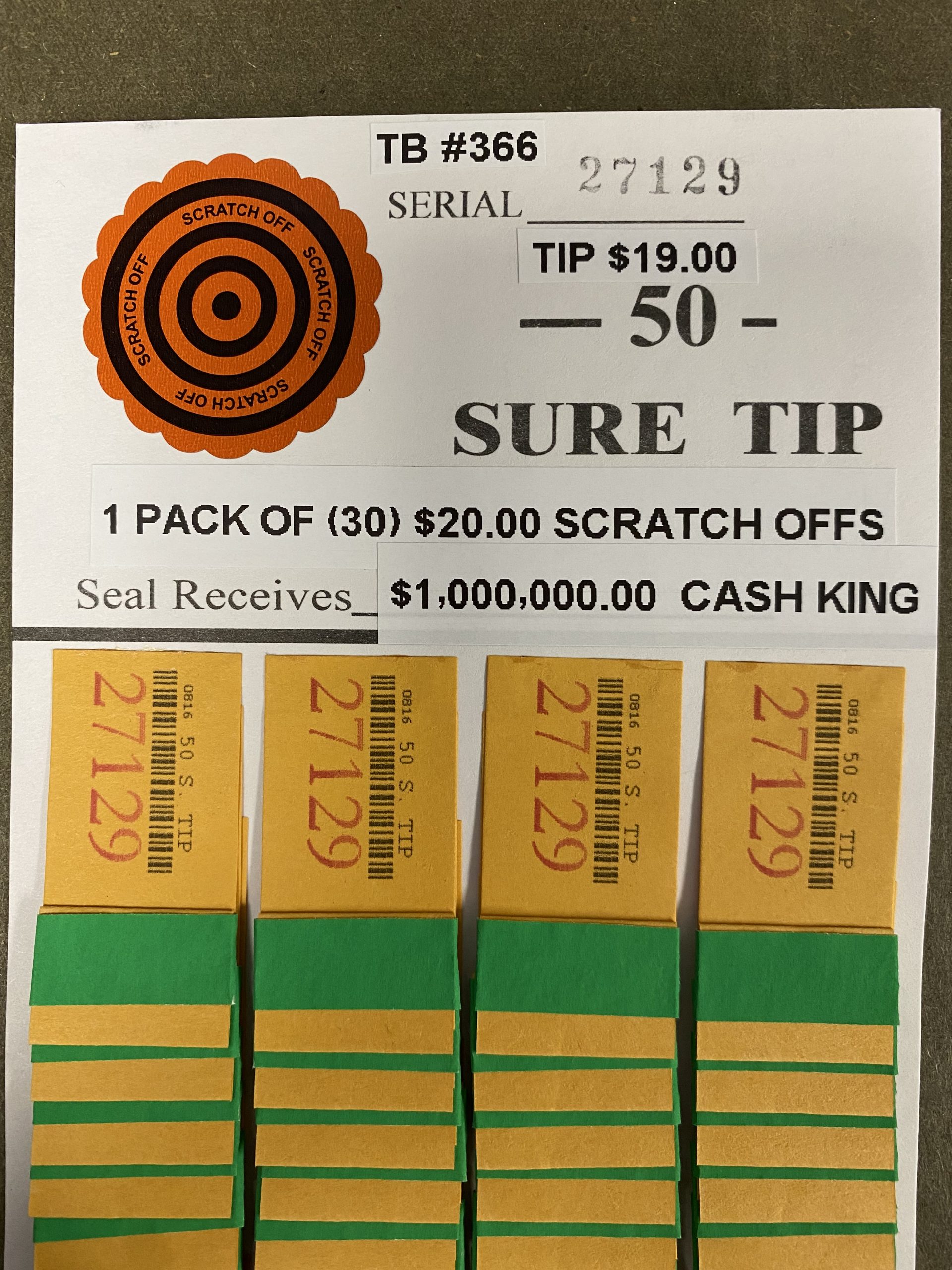#366-27129 (1 Pack of 30) $20.00 Scratch Offs - $1,000,000.00 CASH KING (50 chances @ $19.00 ea.) - Image 2