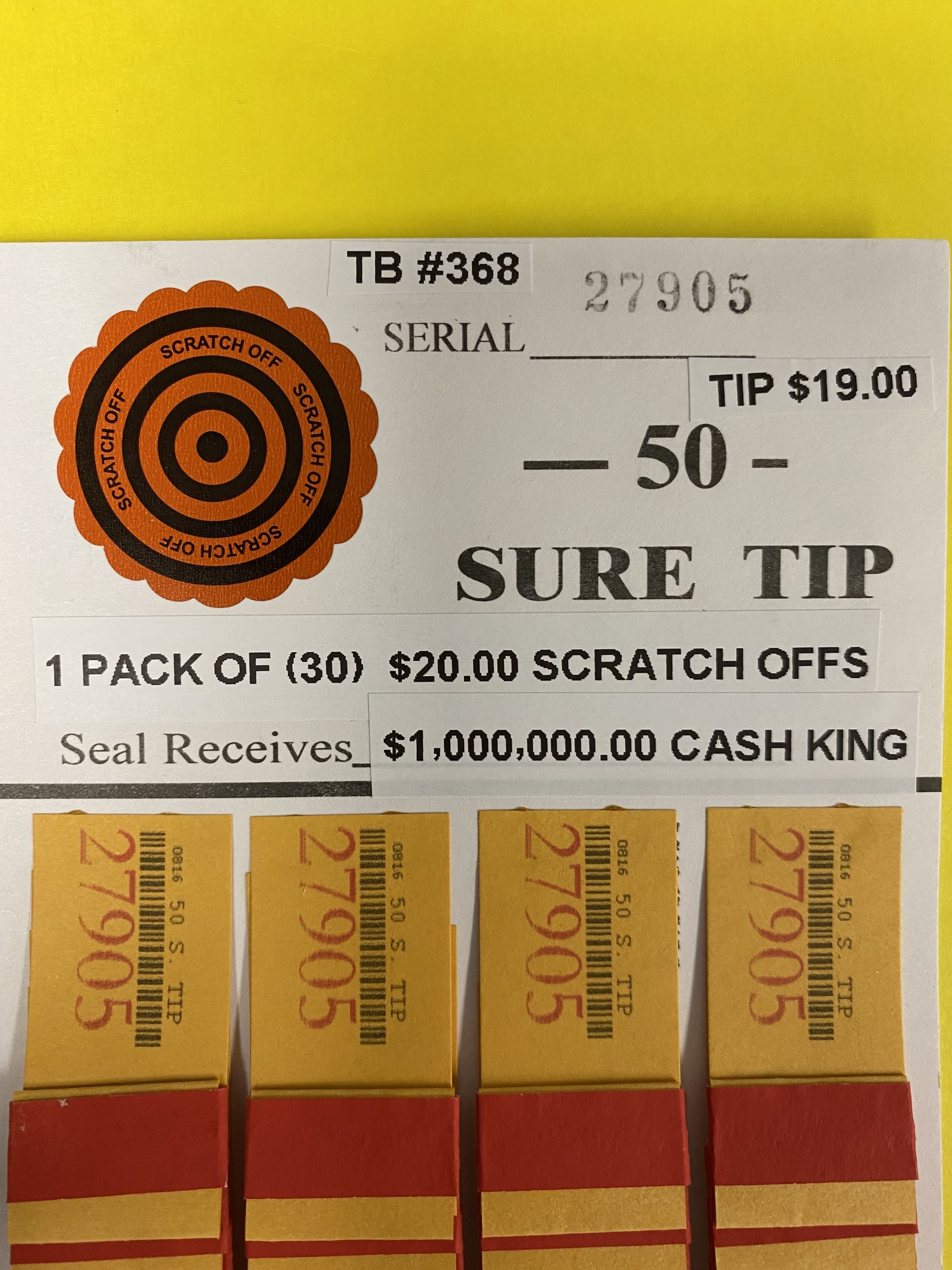 #368-27905 (1 Pack of 30) $20.00 Scratch Offs - $1,000,000.00 CASH KING (50 chances @ $19.00 ea.) - Image 2