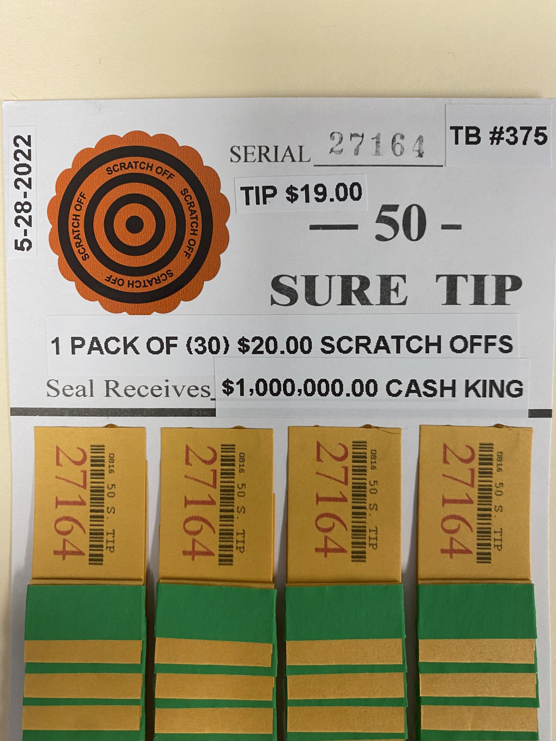 #375-27164 (1 Pack of 30) $20.00 Scratch Offs - $1,000,000.00 CASH KING (50 chances @ $19.00 ea.) - Image 3