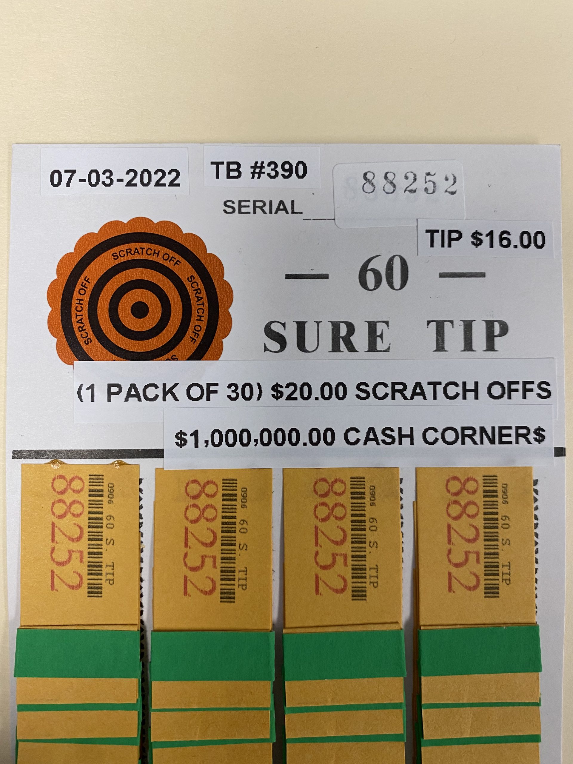 #390-88252 (1 Packs of 30) $20.00 SCRATCH OFFS - $1,000,000 CASH CORNER$ (60 chances @ $16.00 ea.) - Image 2