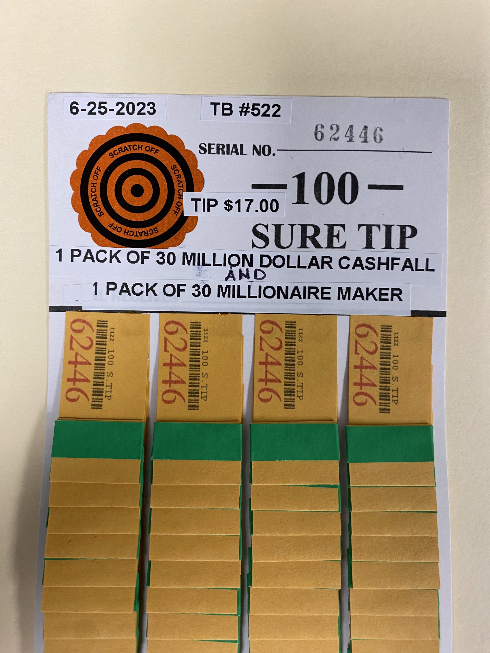 #522-62446 (1 PACK OF 30) $20.00 MILLION DOLLAR CASH FALL & (1 PACK OF 30) $20.00 MILLIONAIRE MAKER (100 chances @ $17.00 ea.) - Image 2