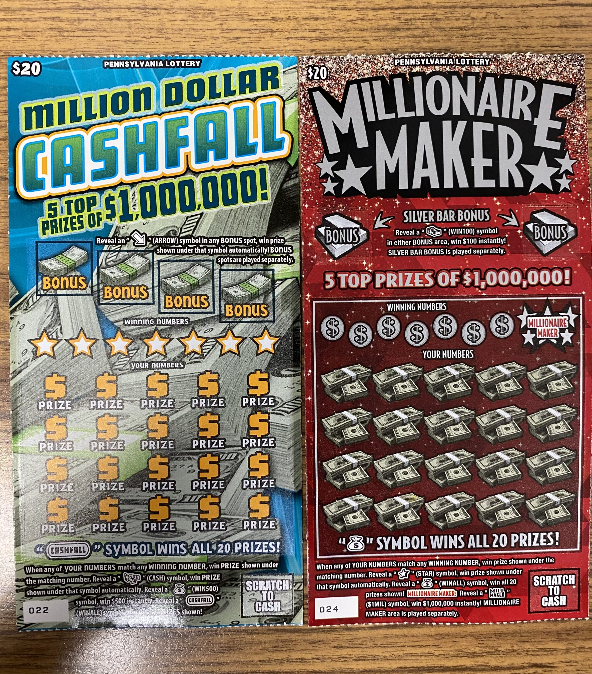 #522-62446 (1 PACK OF 30) $20.00 MILLION DOLLAR CASH FALL & (1 PACK OF 30) $20.00 MILLIONAIRE MAKER (100 chances @ $17.00 ea.)