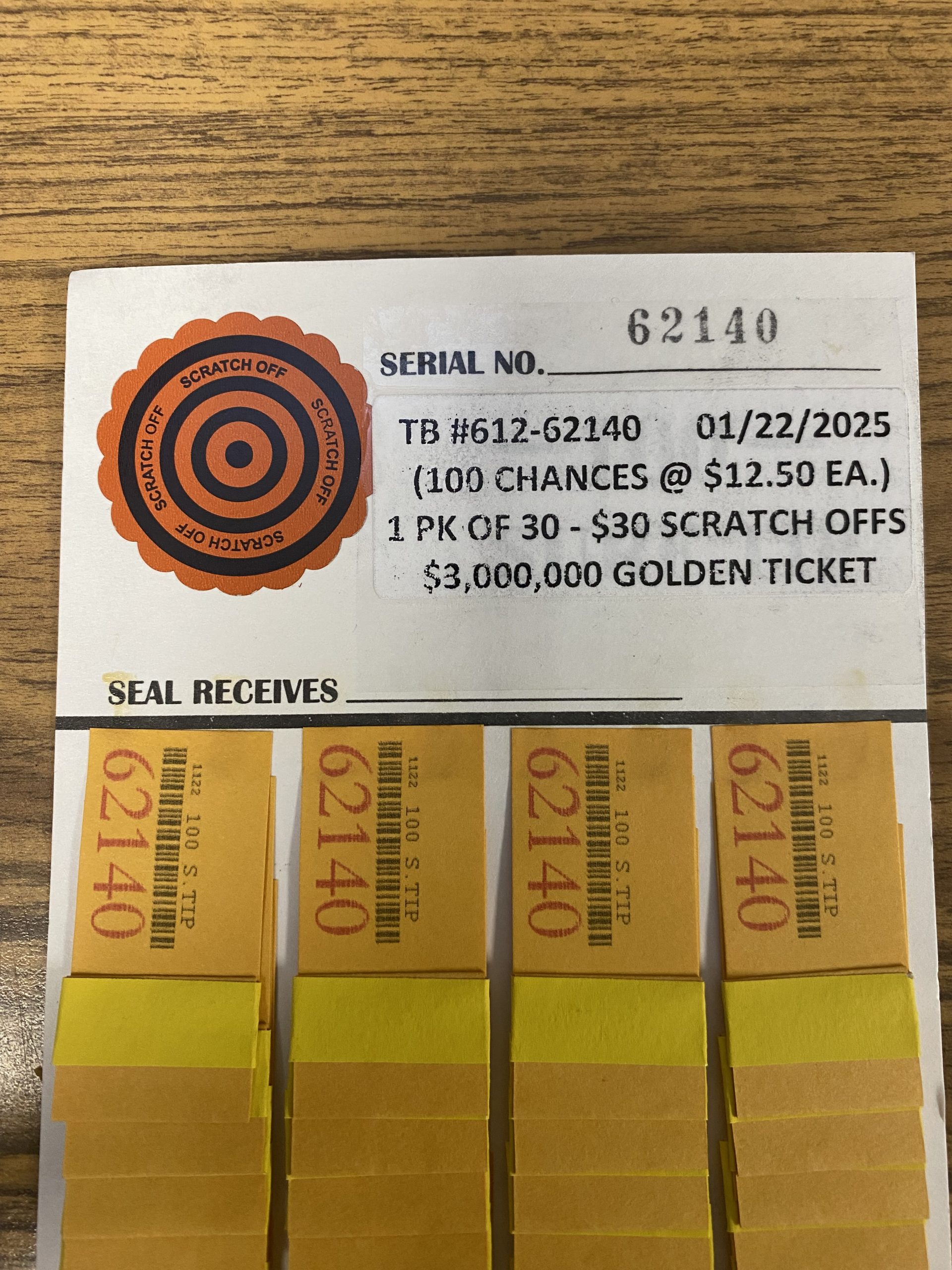 #612-62140 (1 Pack of 30) - $30.00 SCRATCH OFFS - $3,000,000 GOLDEN TICKET (100 chances @ $12.50 ea.) - Image 3