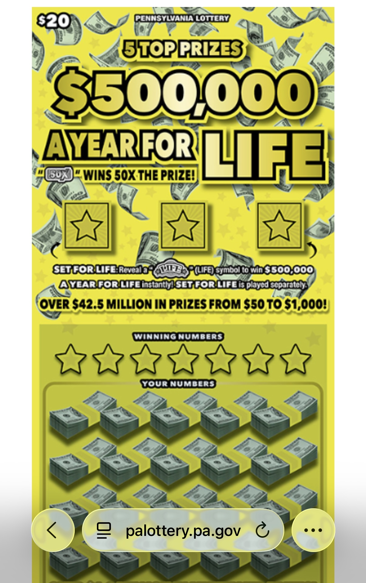 #663-51560 (1 Pack of 30) $20.00 SCRATCH OFFS - $500,000 A YEAR FOR LIFE (50 chances @ $17.25 ea.)