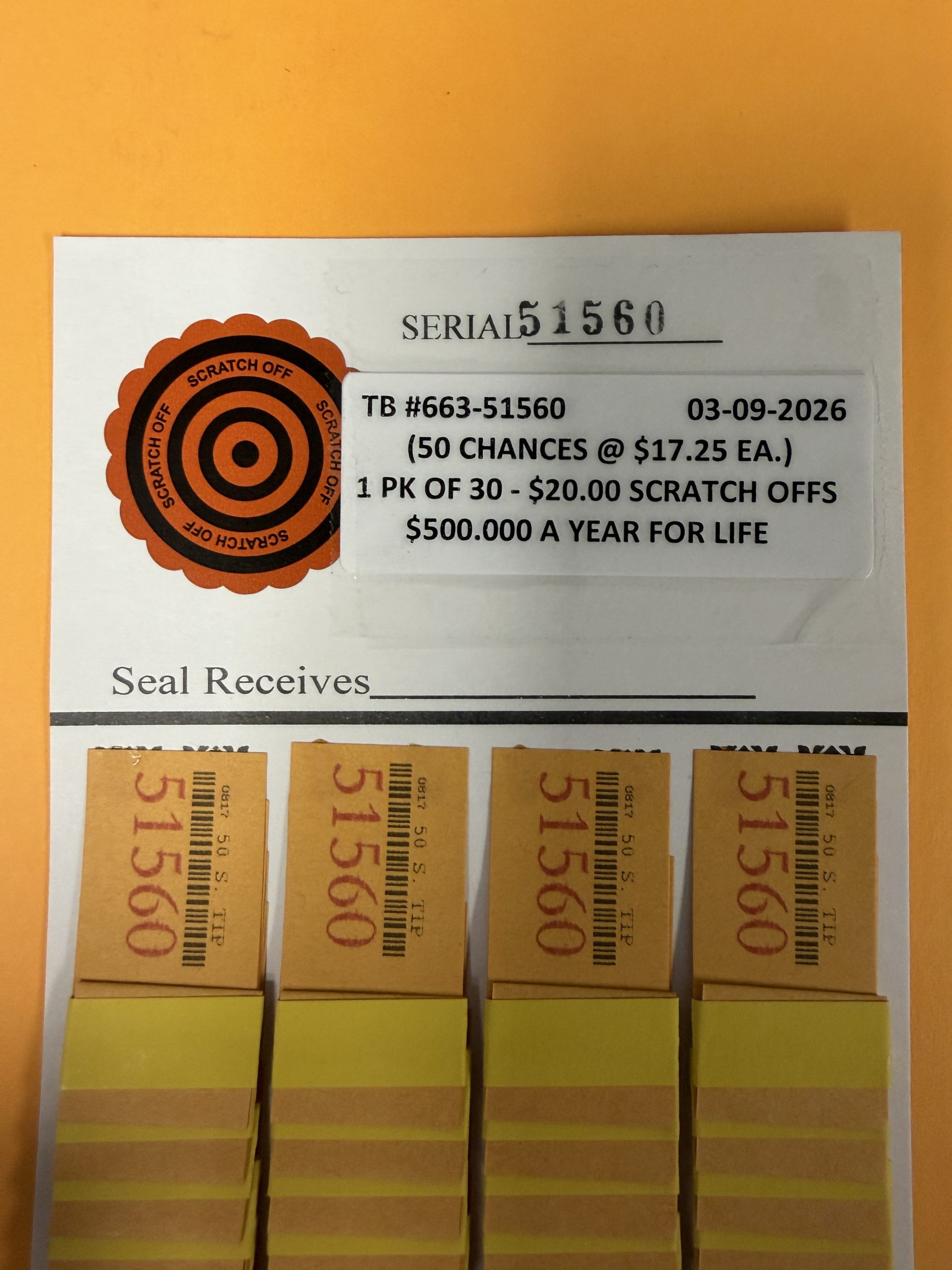 #663-51560 (1 Pack of 30) $20.00 SCRATCH OFFS - $500,000 A YEAR FOR LIFE (50 chances @ $17.25 ea.) - Image 2